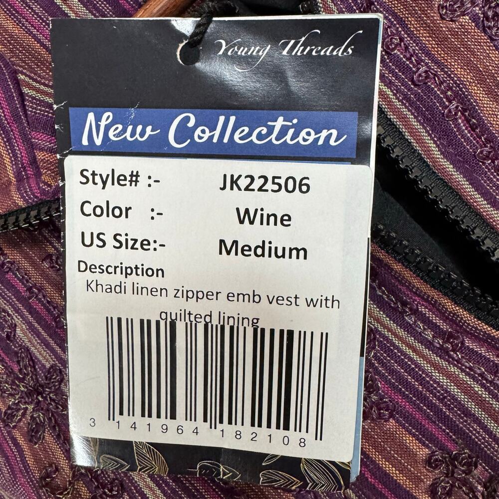 Young Threads Women’s Khadi Linen Zipper Vest Embroidery Quilted Lining M - Picture 6 of 12